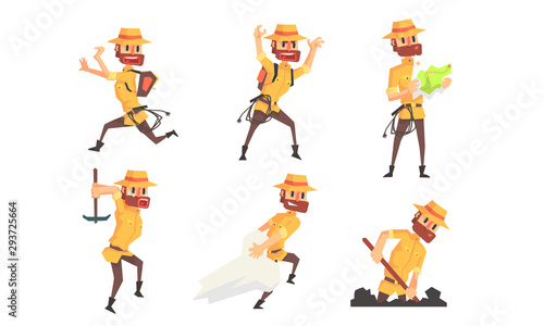 Archaeologist Scientist Cartoon Character in Different Situations Set, Bearded Man in Safari Outfit Vector Illustration
