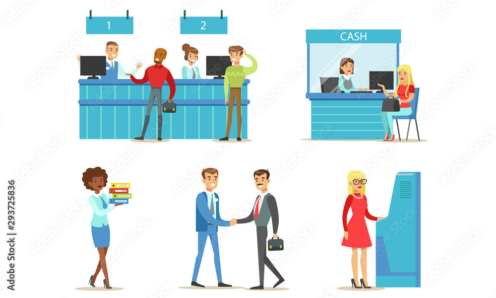 Bank Managers and Clients Set, Banking Service, People Making Financial Operations with Money at the Bank Office Vector Illustration Bank Managers and Clients Set, Banking Service, People Making Financial Operations with Money at the Bank Office Vector Illustration