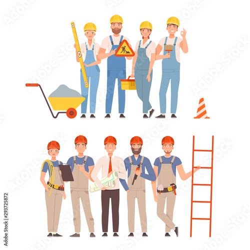 Two teams of builders with tools. Vector illustration.