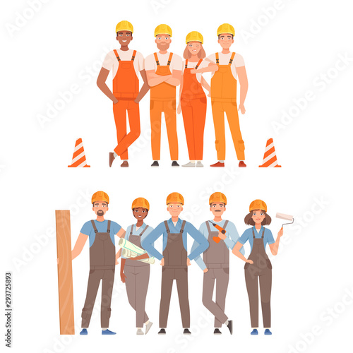 Two teams of builders in overalls with tools. Vector illustration.