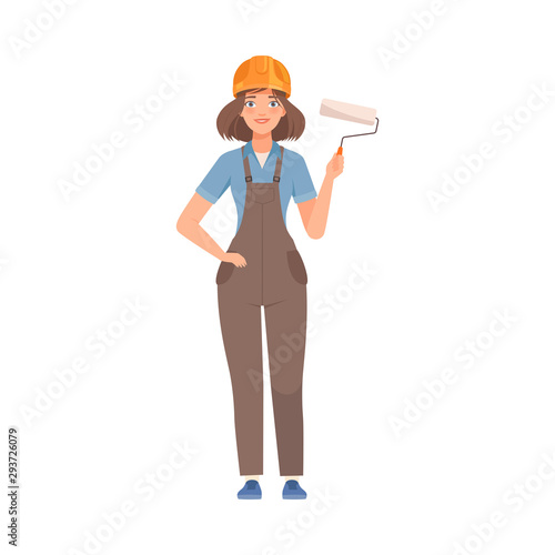 Woman builder with dark gray overalls with a paint roller in hand. Vector illustration.