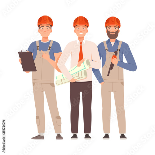 Engineer and two builders with tools. Vector illustration.