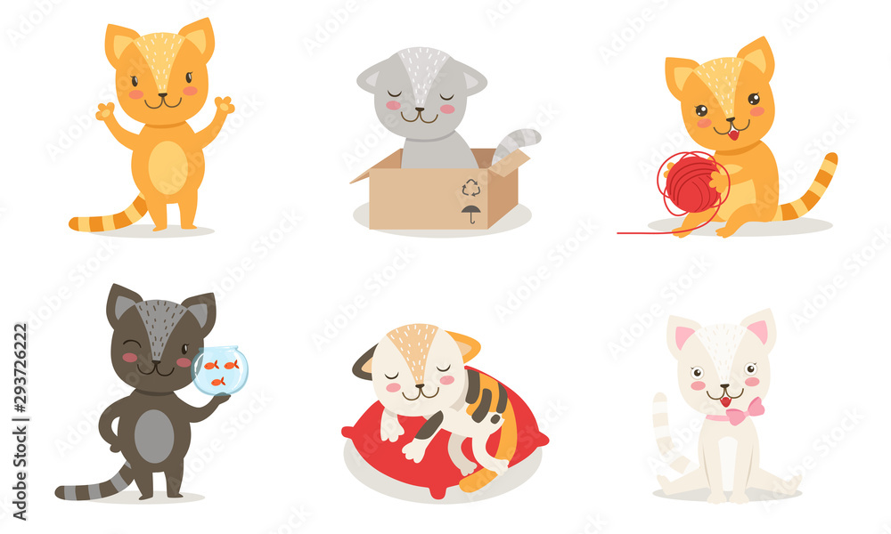 Cute Kittens Cartoon Characters Set, Adorable Little Cats in Different Situations Vector Illustration Cute Kittens Cartoon Characters Set, Adorable Little Cats in Different Situations Vector Illustration