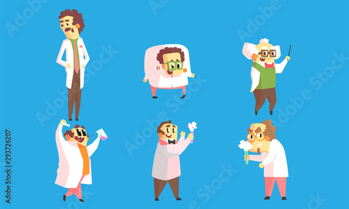 Set of images of crazy professors. Vector illustration on a blue background.