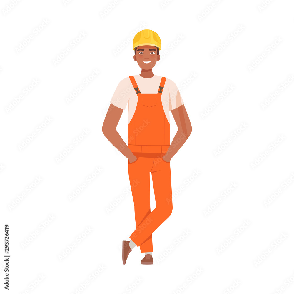 Man in an orange jumpsuit and helmet. Vector illustration.