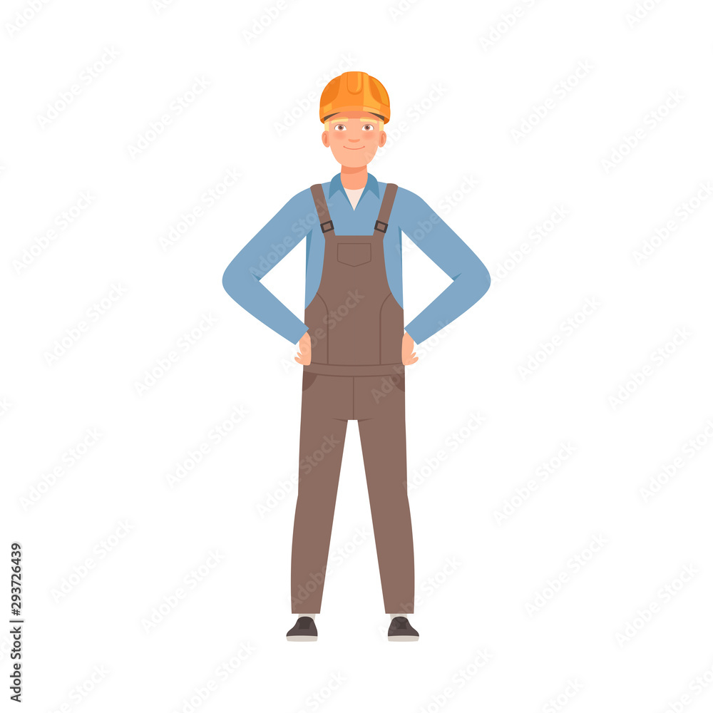 Builder in gray overalls is standing. Front view. Vector illustration.