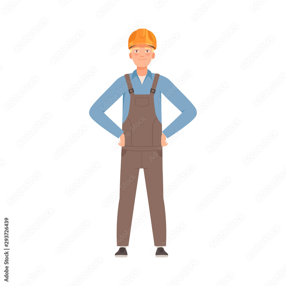 Builder in gray overalls is standing. Front view. Vector illustration. Builder in gray overalls is standing. Front view. Vector illustration.