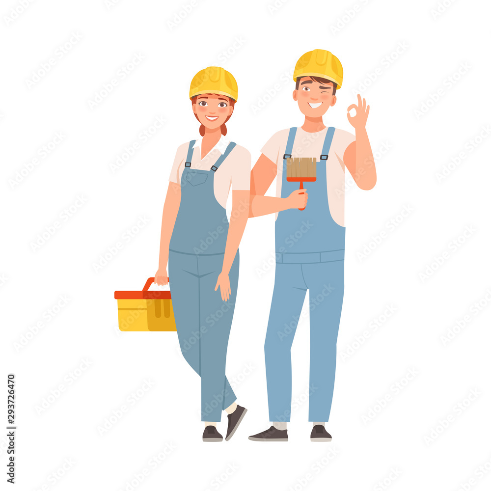 Pair of builders in blue overalls with tools. Vector illustration. Pair of builders in blue overalls with tools. Vector illustration.