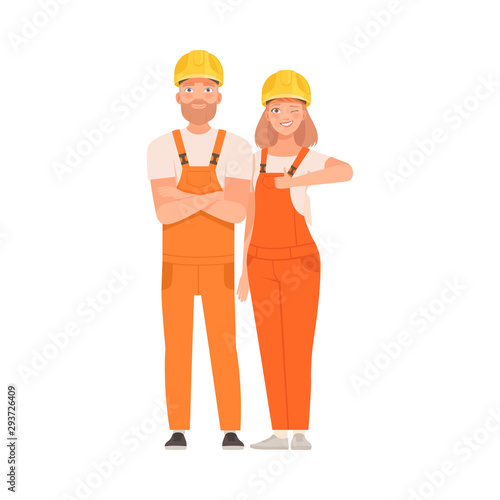 Pair of builders in orange overalls and helmets. Vector illustration.