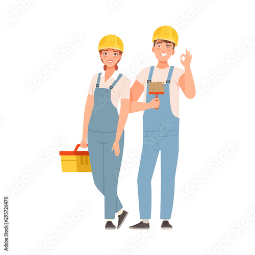 Pair of builders in blue overalls with tools. Vector illustration.