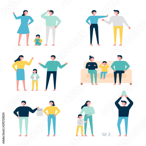 Fototapeta Naklejka Na Ścianę i Meble -  Set of family characters fighting and quarreling with each other. flat design style minimal vector illustration.