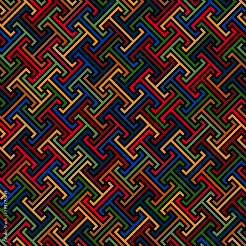 continuous diagonal stylized meander. greek fret repeated motif. vector seamless pattern. simple green orange yellow red blue repetitive background. textile paint. fabric swatch. wrapping paper