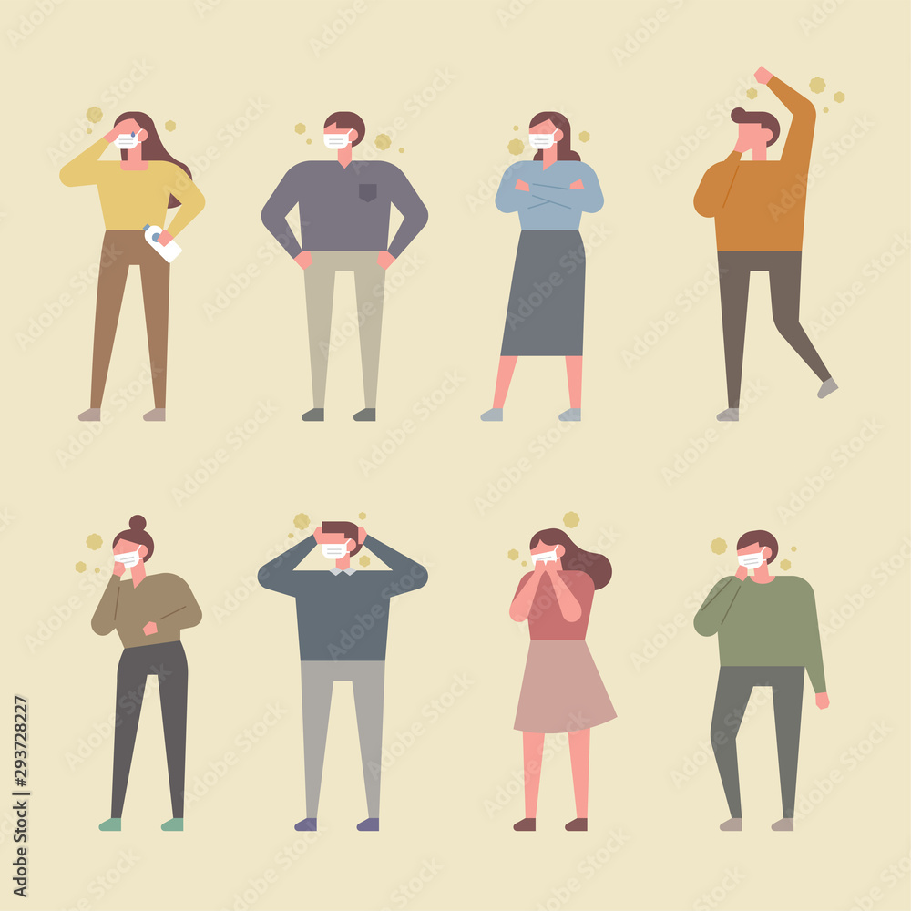 People wearing masks and coughing on fine dusty days. flat design style minimal vector illustration.