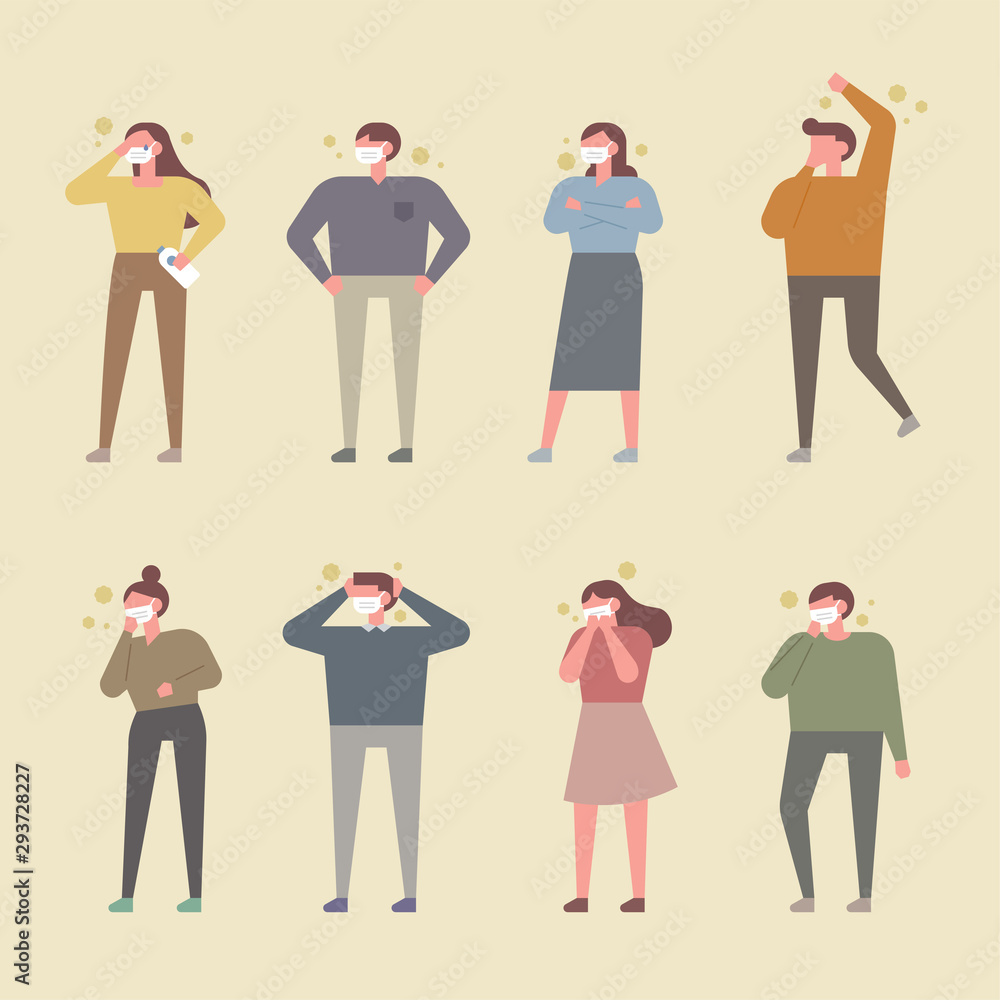 People wearing masks and coughing on fine dusty days. flat design style minimal vector illustration. People wearing masks and coughing on fine dusty days. flat design style minimal vector illustration.