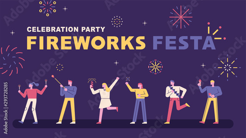 Fireworks Festival Banner Concept. People are playing fireworks side by side. flat design style minimal vector illustration.