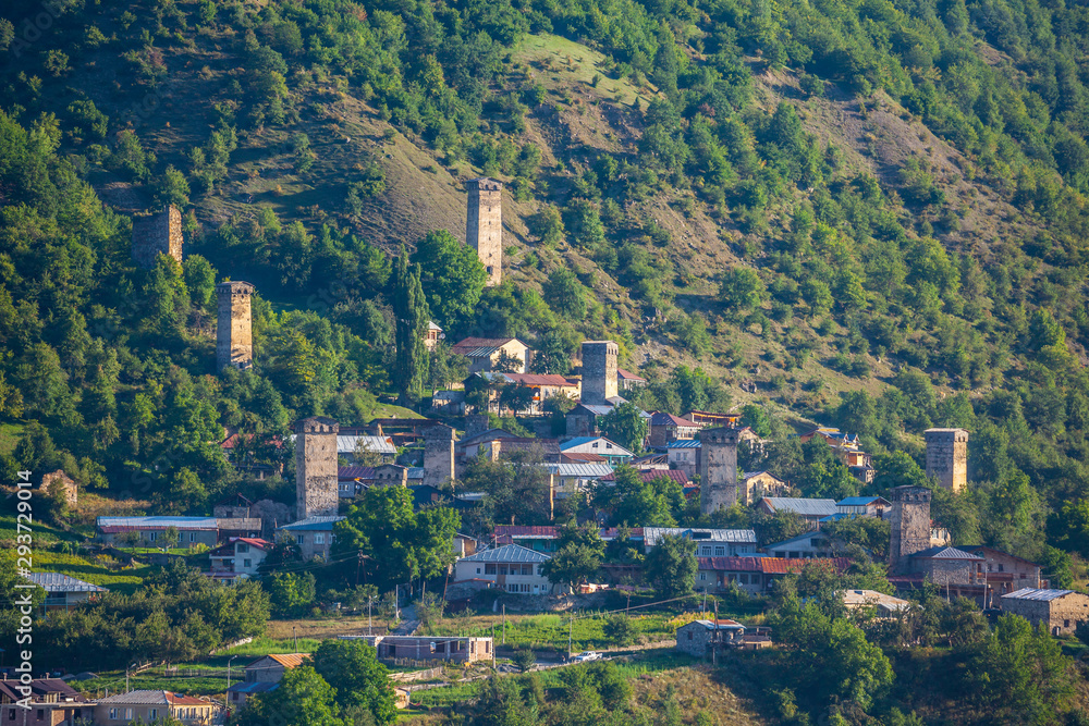 Areal view of beautiful old village Mestia with its Svan Towers. Great place to travel. Georgia.