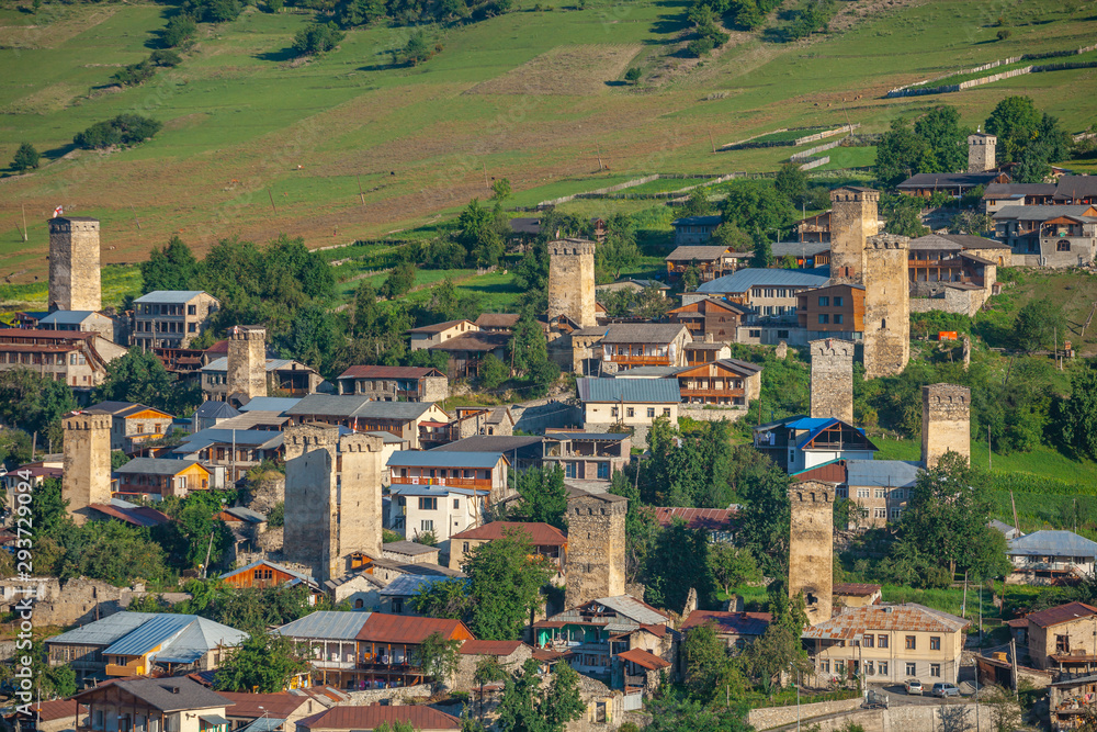 Areal view of beautiful old village Mestia with its Svan Towers. Great place to travel. Georgia.
