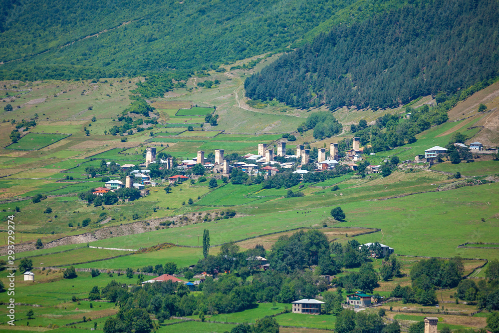 Beautiful view from Svaneti, castles in old village. Peak Ushba, Mestia, Mulakhi, Georgia.