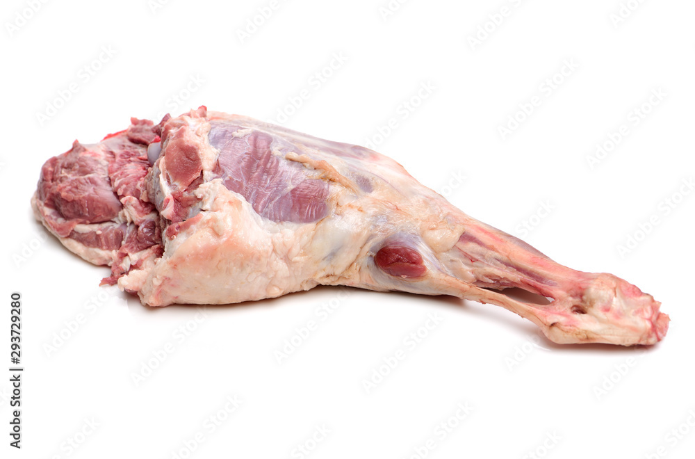 Raw lamb leg on white background