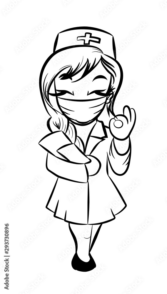 Cartoon nurse / doctor in medical mask and uniform hold patient chart in hand, smiling and shows ok sign. Vector illustration isolated on white. Cartoon nurse / doctor in medical mask and uniform hold patient chart in hand, smiling and shows ok sign. Vector illustration isolated on white.