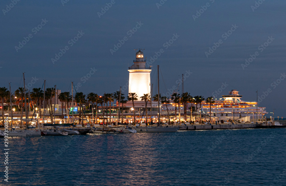 lighthouse at night in Malaga