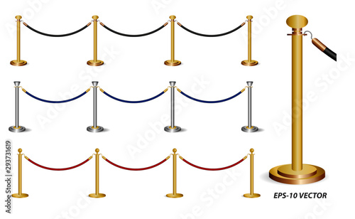 set of golden barricade or stand barrier rope isolated. easy to modify
