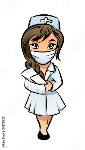 Cartoon nurse doctor in medical mask and uniform hold patient chart in hand. Vector illustration isolated on white.
