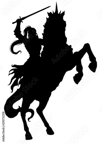 Silhouette of a jubilant woman rider on a rearing horse. 2D illustration.