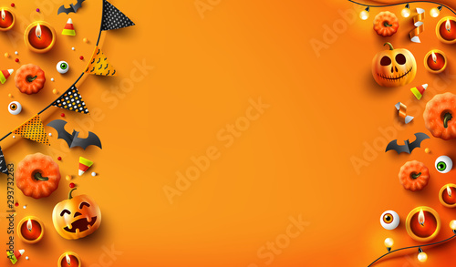 Halloween  background with candle light, pumpkin and Halloween Elements on orange color background.Website spooky,Background or banner Halloween template.Vector illustration eps 10