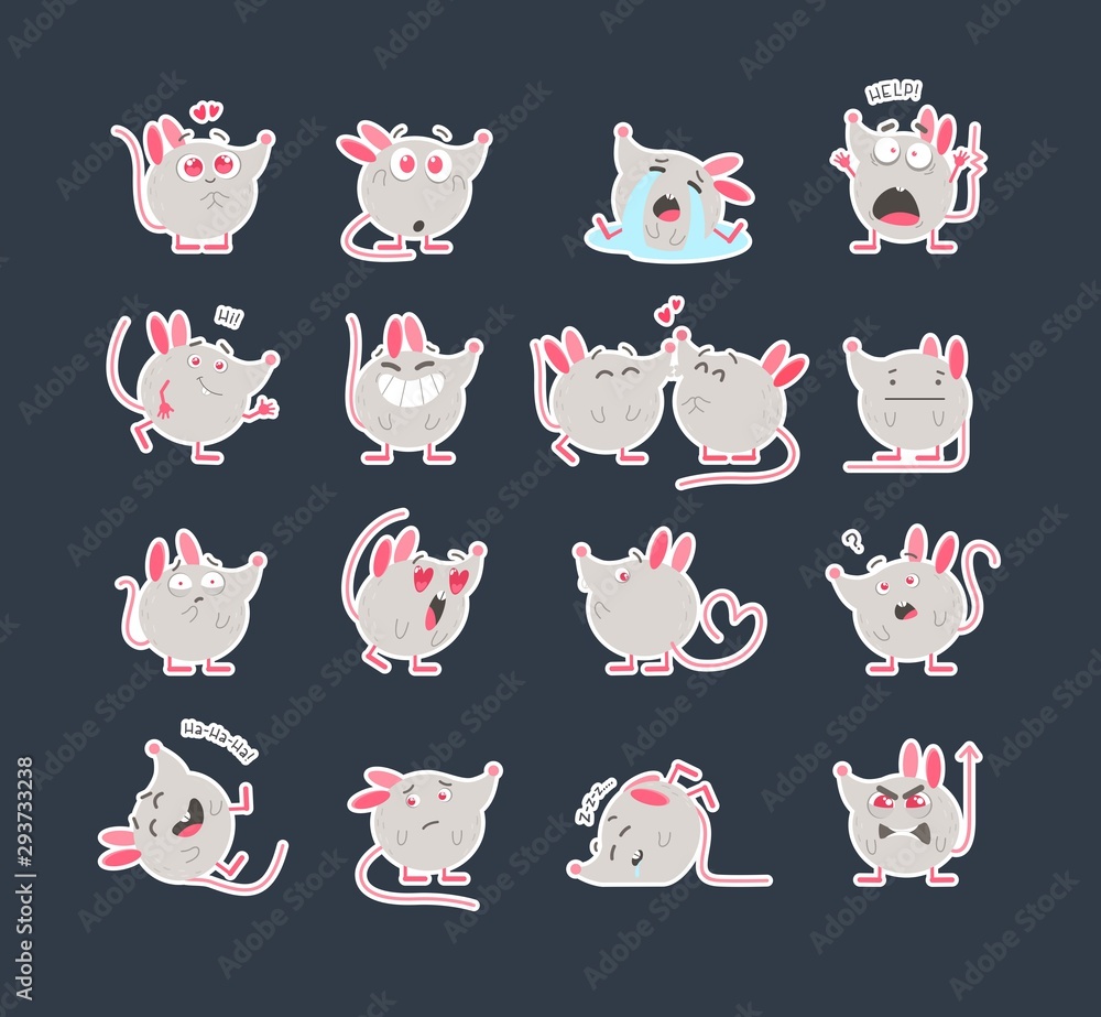 Cute mice stickers flat vector illustrations set. Creative social media