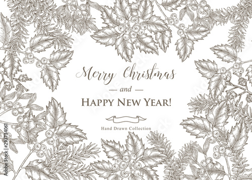 Christmas card design. Hand drawn winter plants and trees. Pine, holly and mistletoe branches. Vector illustration vintage.