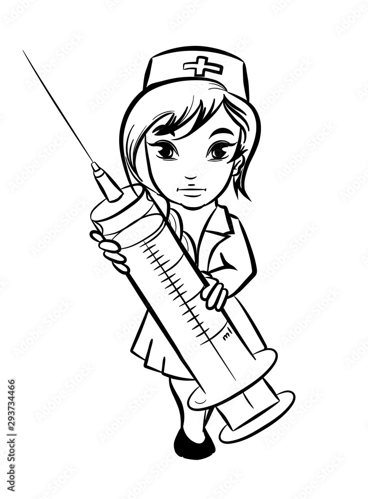 Cartoon doctor in uniform hold medical syringe in hand. Nurse injection  vaccine medicine. Vector illustration in lines isolated on white. vector de  Stock | Adobe Stock
