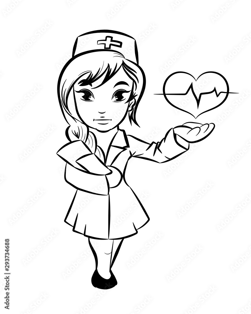 Cartoon nurse holding a red heart and patient chart in hand. Vector illustration in lines contour isolated on white. Cartoon nurse holding a red heart and patient chart in hand. Vector illustration in lines contour isolated on white.