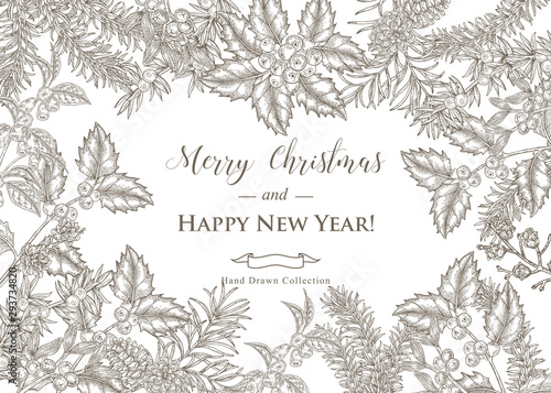 Christmas card design. Hand drawn winter plants and trees. Juniper, pine, fir, holly and mistletoe branches. Vector illustration vintage.