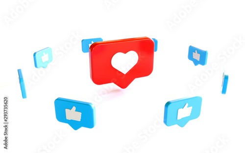 3D Social Media Network Love and Like Heart and thumbs up Icon Rendering white Background in red and blue.