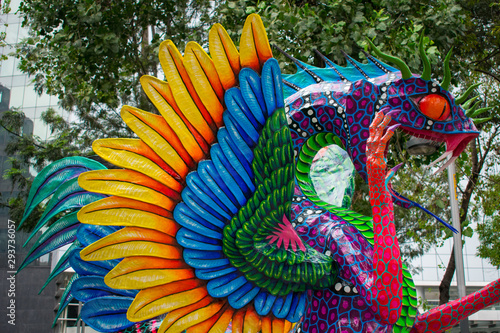 Nov-2018, Mexico City. Day of the dead celebration, colorful craftsmanship of popular skulls and magic creatures Alebrijes on Reforma avenue