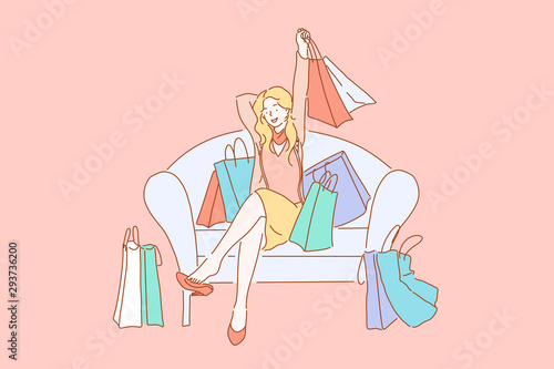 Happy shopaholic with purchases, consumerism concept. Young female buyer, cheerful fashionista with shopping bags sitting on sofa satisfied after visiting boutiques. Simple flat vector