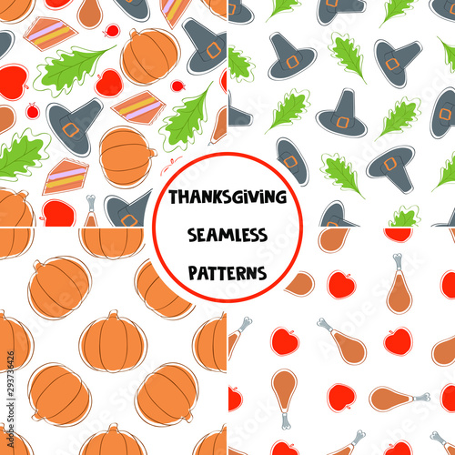 Set of Thanksgiving Day seamless patterns. Isolated on white. Holiday backgrounds for greeting card, gift box, wallpaper, fabric, web design.