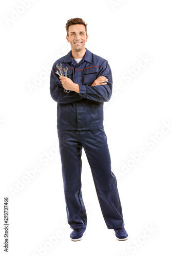 Male car mechanic on white ...