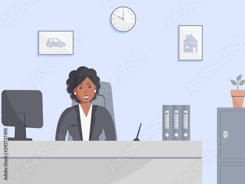 Bank office or insurance company: bank employee cute black woman sitting behind table. Elegant interior with wall clock and paintings with house and car.Safe.Vector illustration