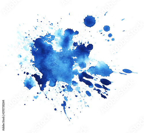 Abstract graphic element. The splattered spot is saturated with blue paint. Blot on a white background. Watercolor ink stain. A lot of spray
