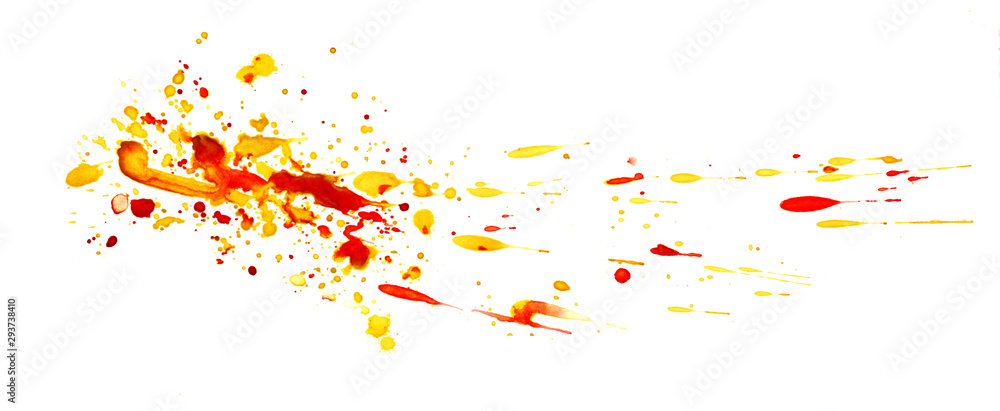 Abstract graphic element. The splattered stain is saturated yellow and red paint. Blot on a white background. Watercolor ink stain. A lot of spray