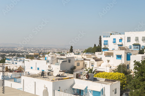 Sidi Bou Said, Tunisia -September 25, 2019: Typical Tunisian, Arabian, Mediterranean architecture in Sidi Bou Said
