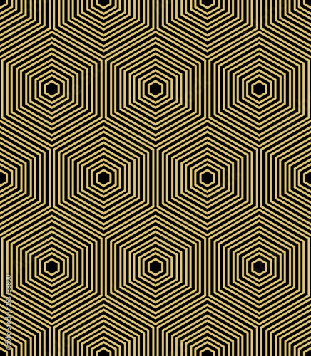 Geometric abstract vector hexagonal background. Geometric modern black and golden ornament. Seamless modern pattern