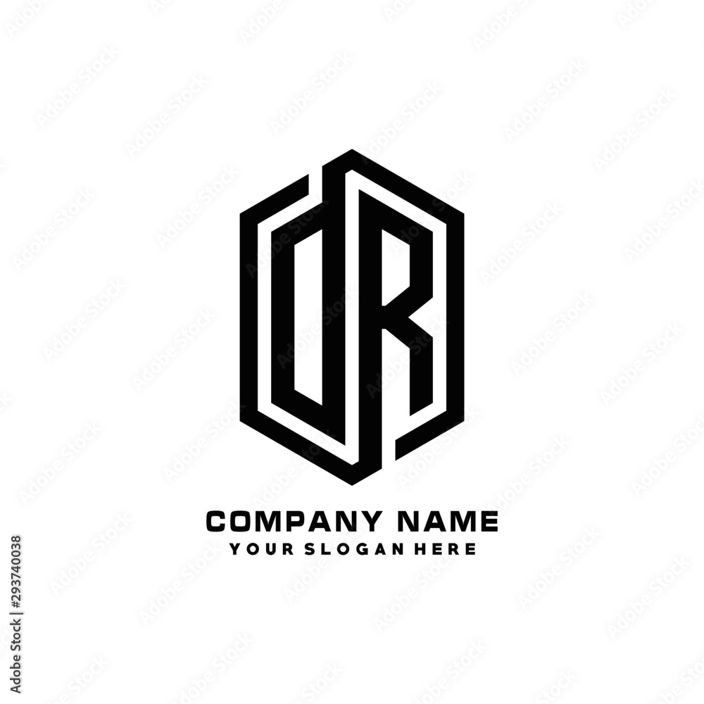 DR initials business abstract logo in the shape of a hexagon, with a thick line connected around the letters DR initials business abstract logo in the shape of a hexagon, with a thick line connected around the letters