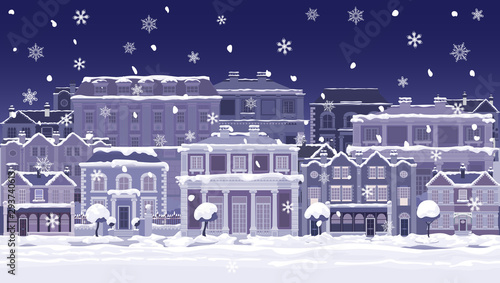 A Christmas night street scene with victorian and georgian style houses, shops and other buildings in the snow. Seamlessly tilable so you van make longer images.