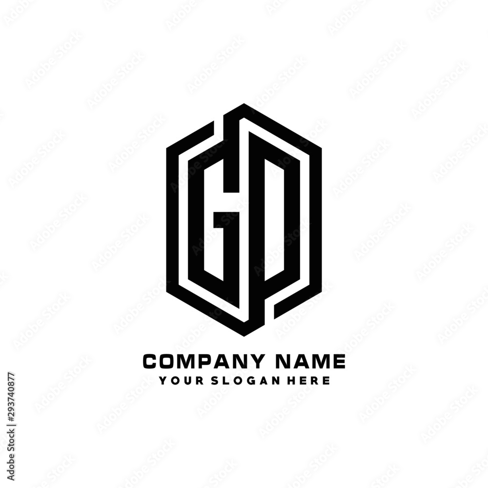 GO initials business abstract logo in the shape of a hexagon,.with a thick line connected around the letters