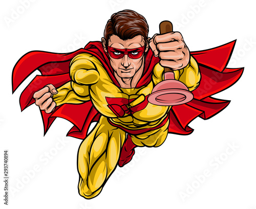 A super plumber handyman hero superhero holding a toilet or sink plunger