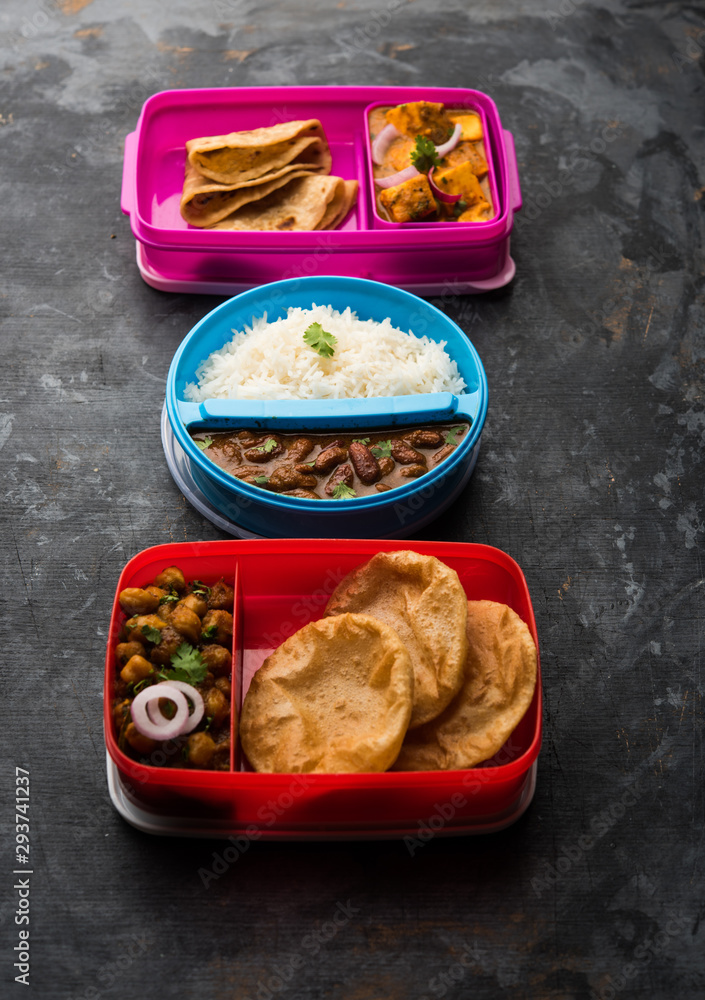 Group of North Indian Food in Tiffin / Lunch Box includes Rajma / Razma