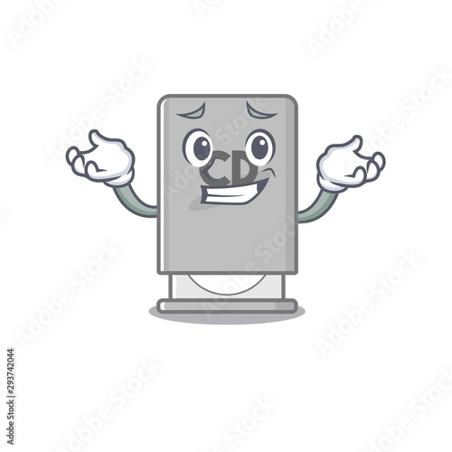 Grinning rom drive above mascot wood table